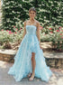 Blue Tulle A Line Spaghetti Straps Appliques Prom Dress with Slit LBQ4217